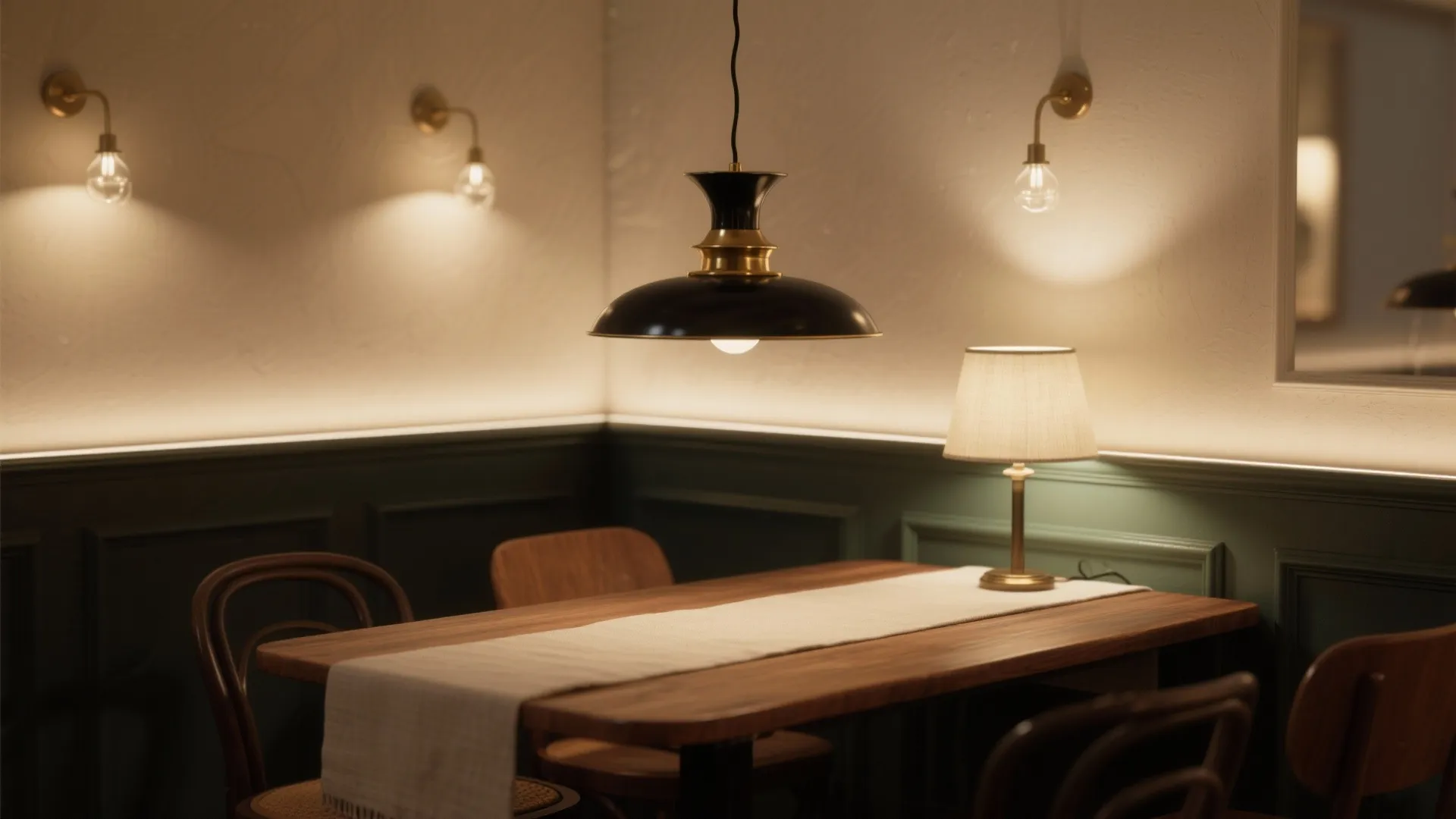 Layered lighting with a sculptural pendant