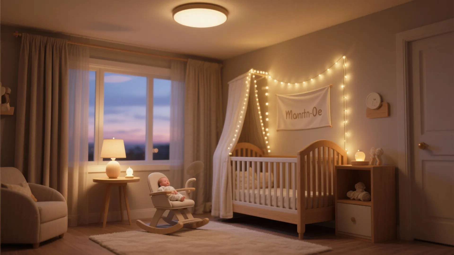 Warm baby nursery with ceiling light, string lights, wooden cot, rocking chair, and large window
