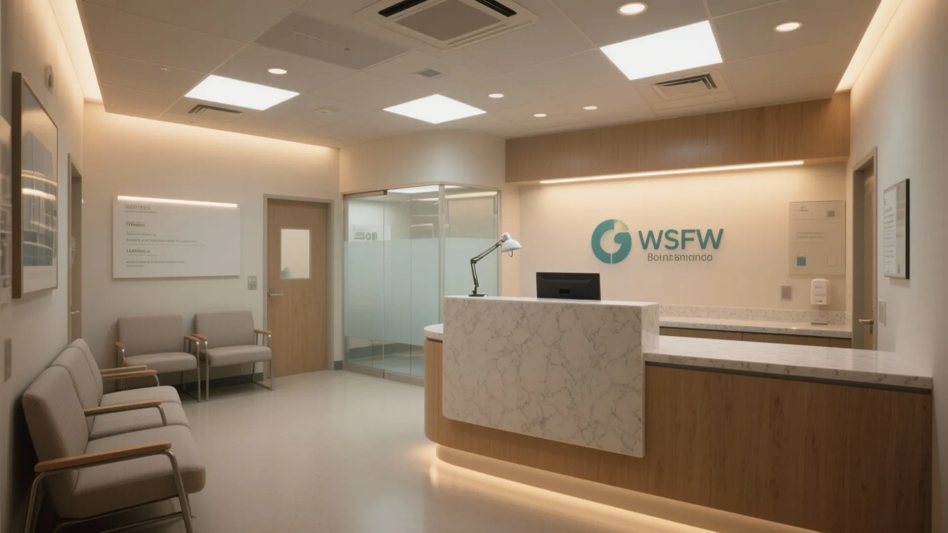 Bright clinic reception area with marble desk, wooden wall, chairs and square ceiling light fixtures