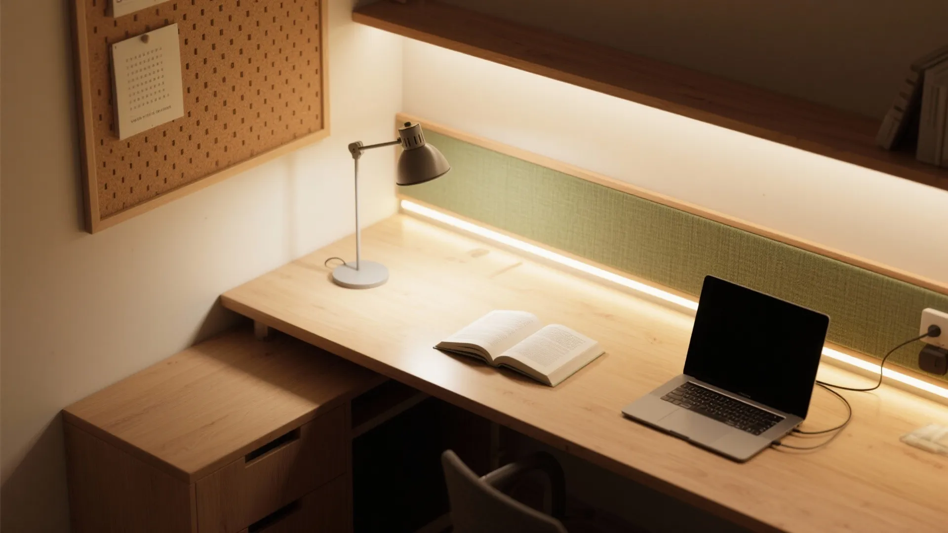 Wooden desk with warm desk light plus laptop and open book in a home office