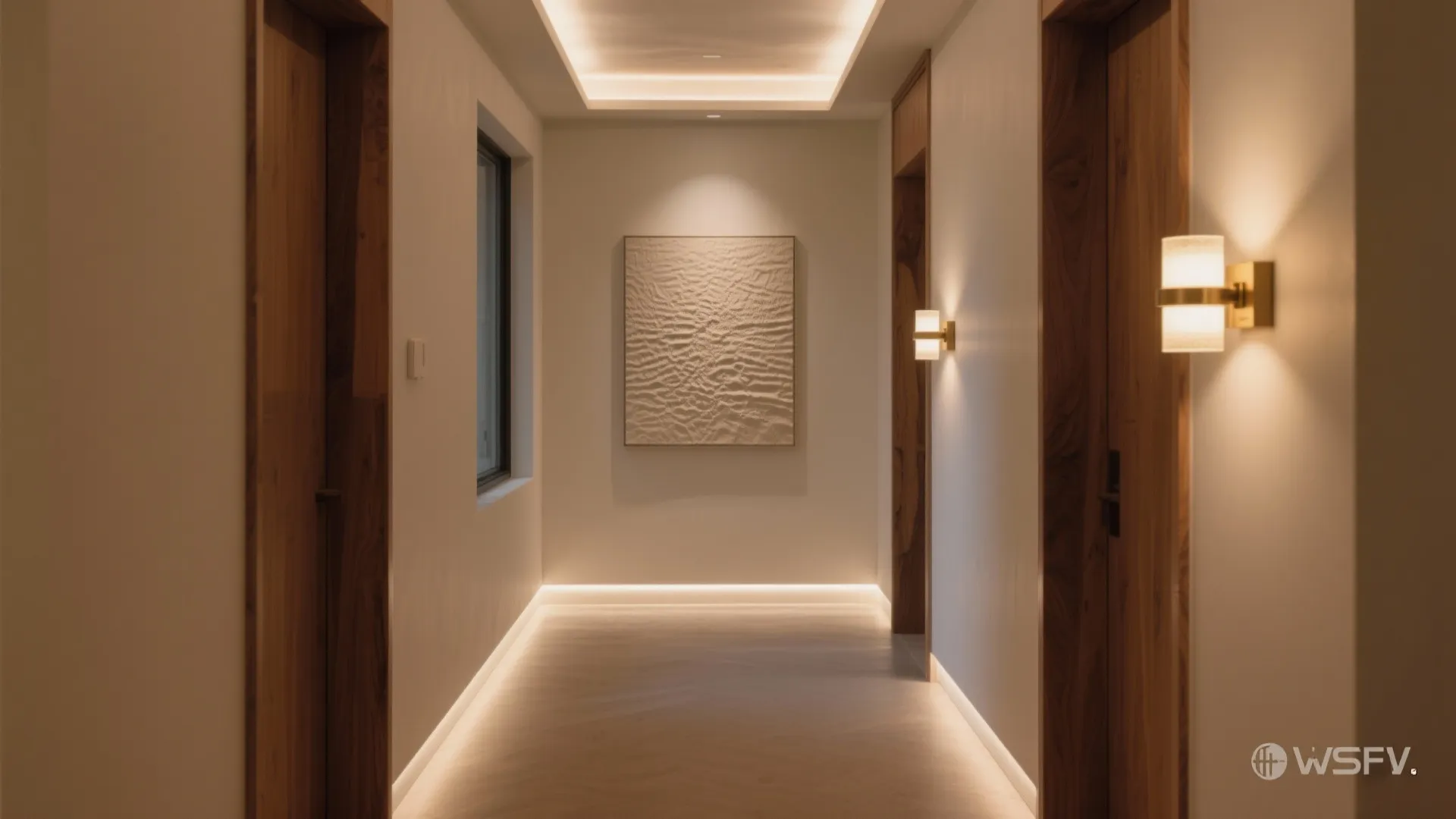 Minimalist hallway with warm floor lighting textured wall art wooden doors and decorative wall lights