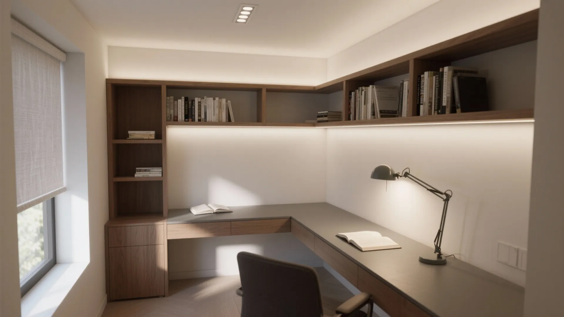 Modern corner wooden desk with built in shelving warm hidden lights chair and natural window