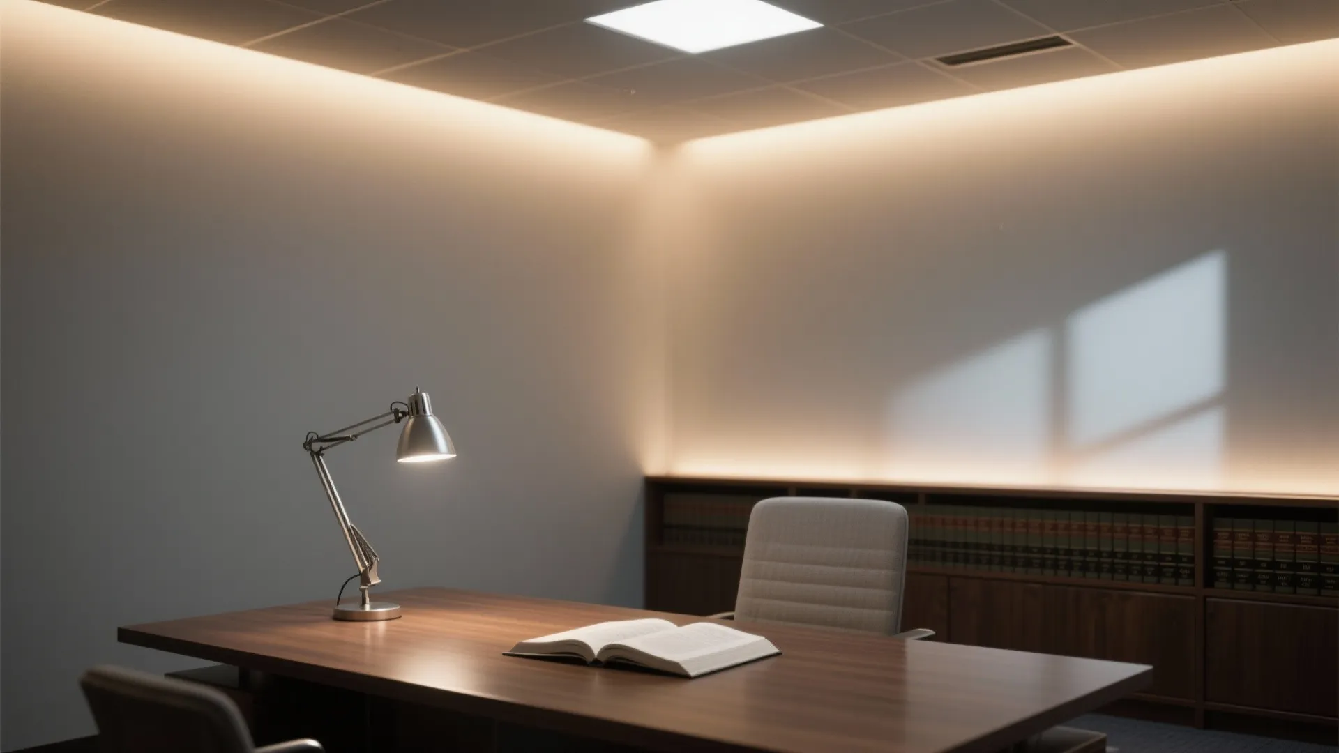 Private office featuring a wooden desk, table lamp, open book, and soft warm ceiling light