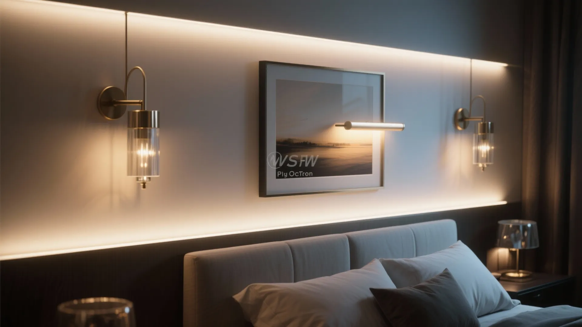 Modern bedroom with warm wall light fixtures strip lighting behind headboard and framed wall art