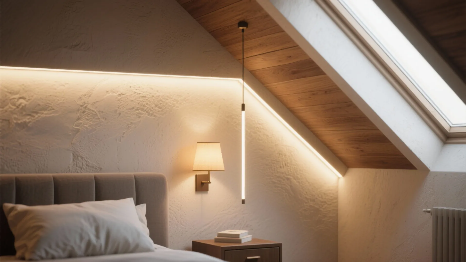 Close-up of recessed uplight, wall sconce, and slim pendant creating layered lighting in an attic room.