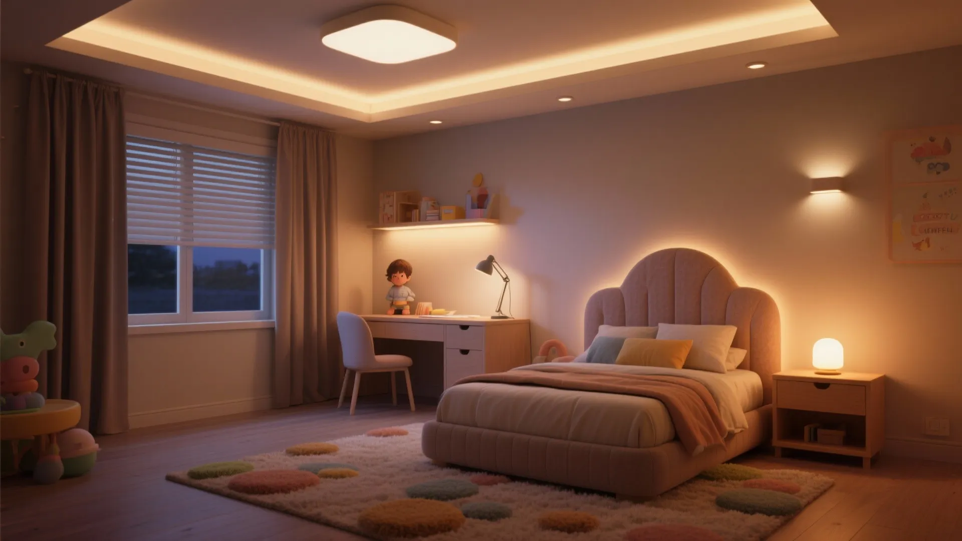 Cozy bedroom featuring warm ceiling lights, wall light, desk lamp, and a soft colorful rug