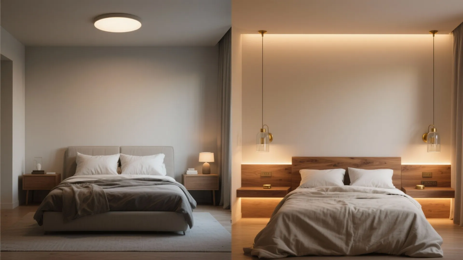 Comparison of two bedroom lighting designs showing a ceiling light versus warm hanging light fixtures