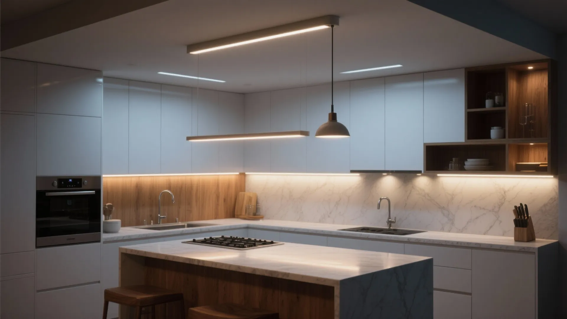 Modern kitchen island with marble top and warm cabinet lighting plus two black ceiling lights