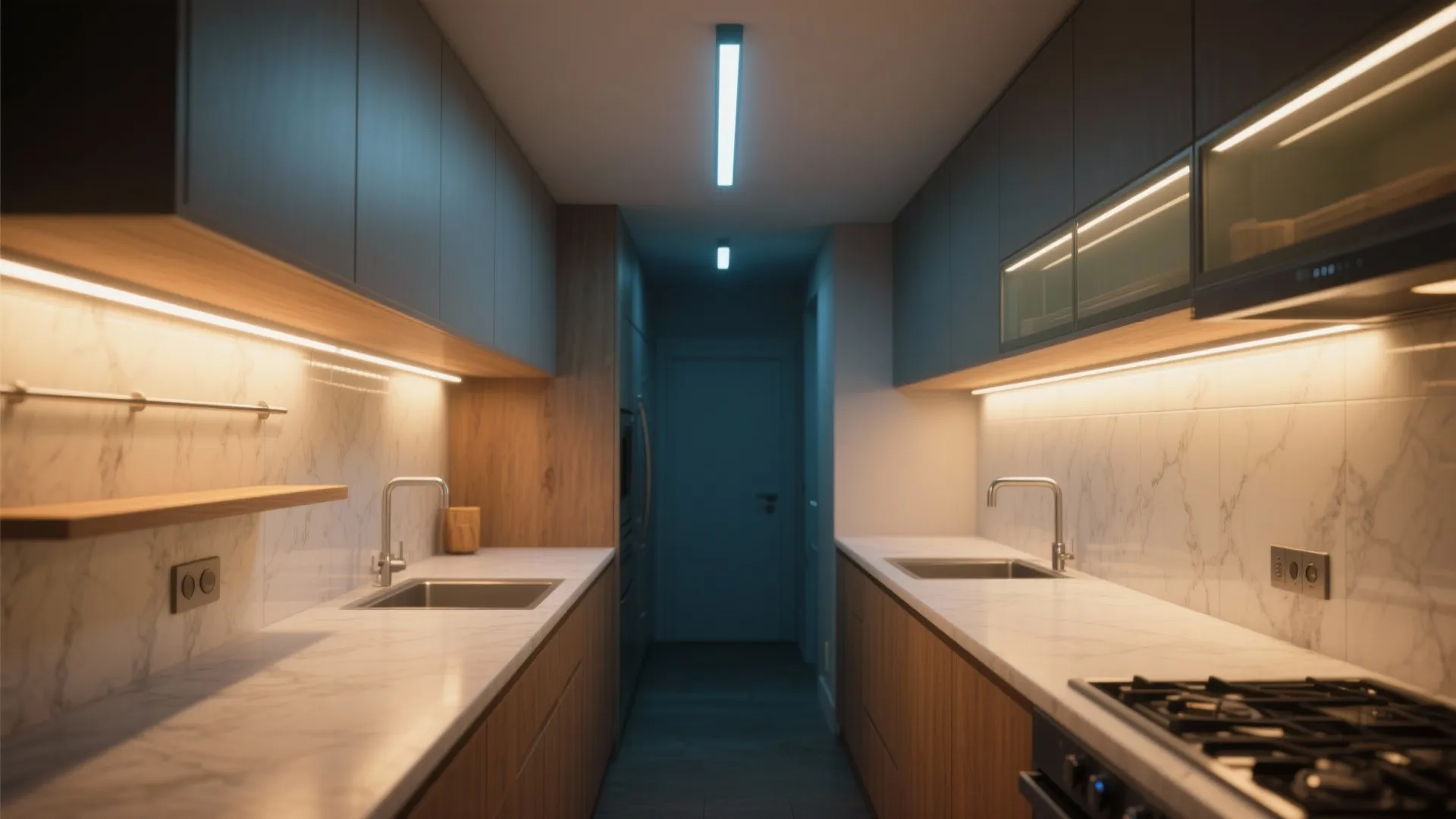 Galley kitchen interior design with wood cabinets marble walls under cabinet lighting and two metal sinks