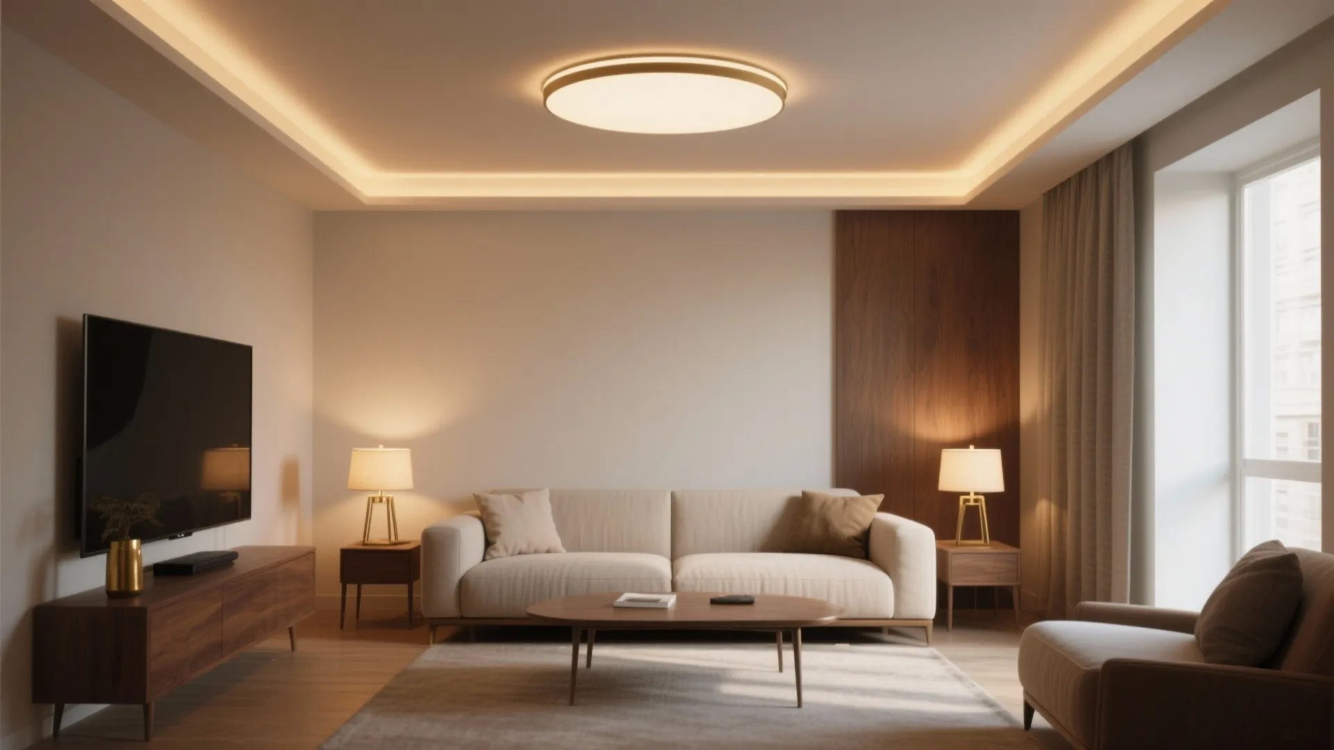 Minimalist living room with beige sofa wooden cabinet table two table lamps and ceiling light