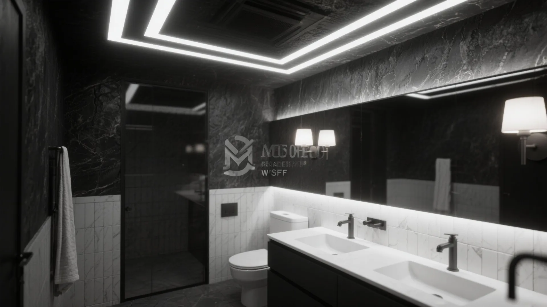 Luxury black marble bathroom with double white sinks, long mirror, wall lights and ceiling light