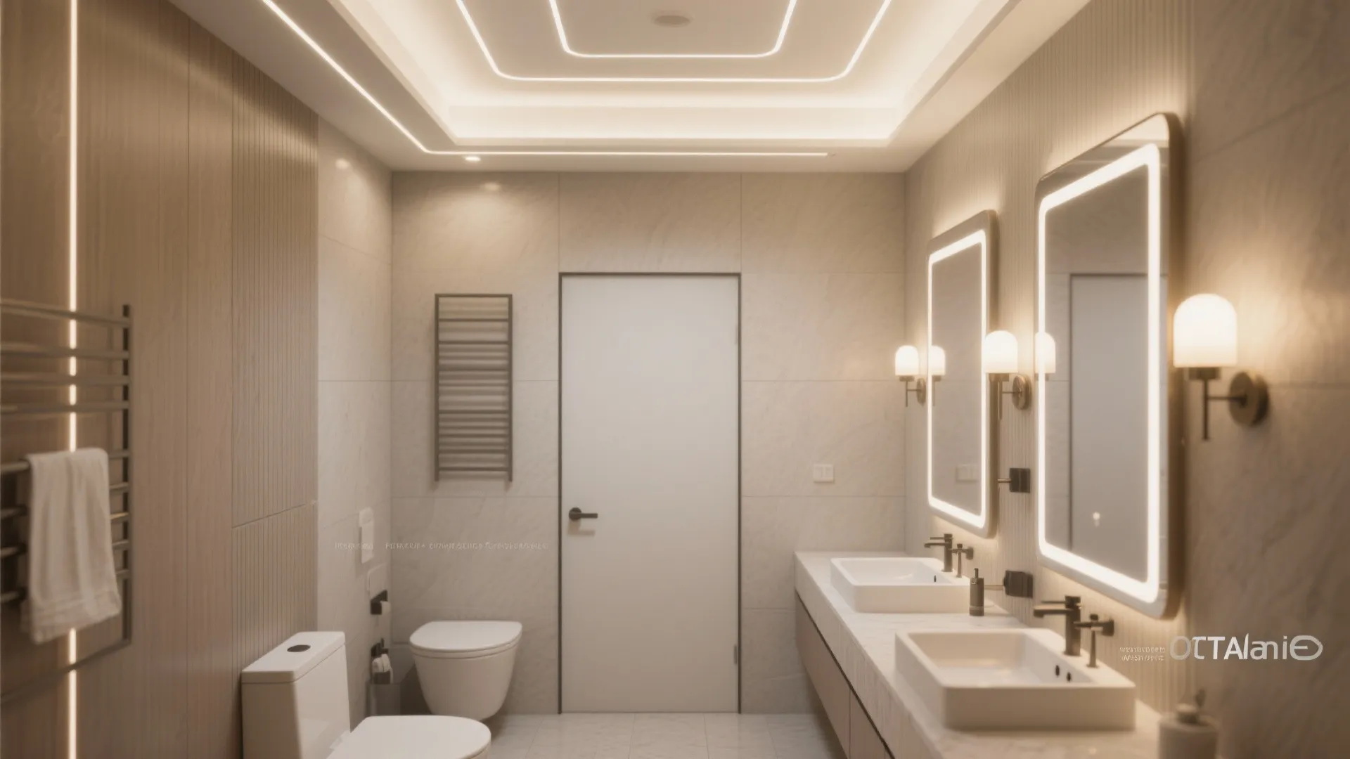 Modern bathroom with double sinks and mirrors with lights on a cream colored wall panel