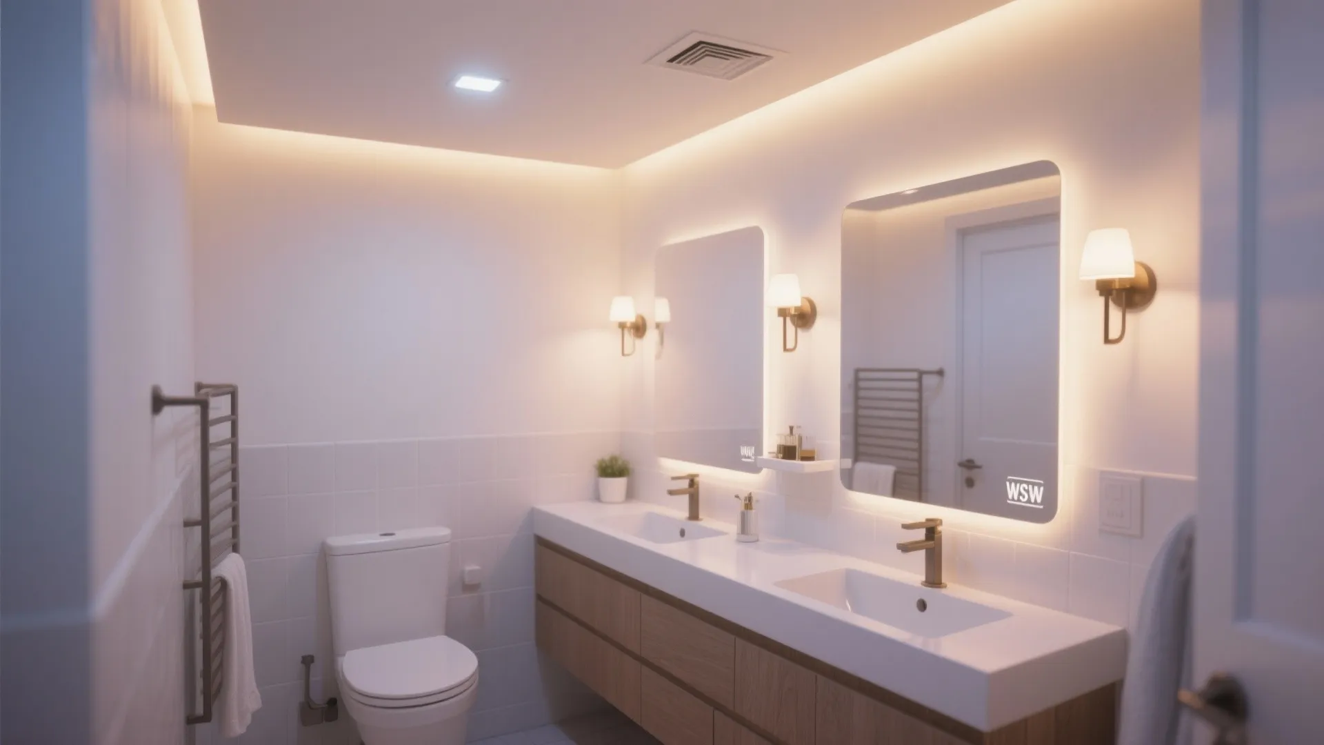 Modern bathroom with double sink vanity mirrors featuring warm led wall lights and white toilet bowl