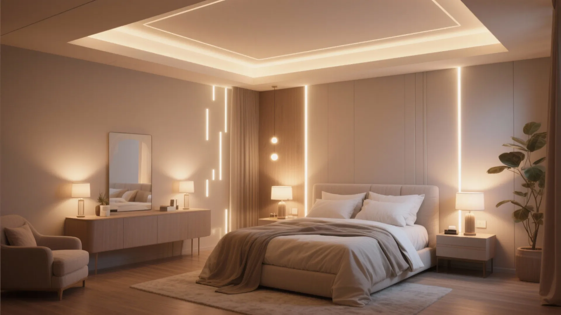 Modern warm bedroom with hidden ceiling lights wall light strips soft bed and wooden floor
