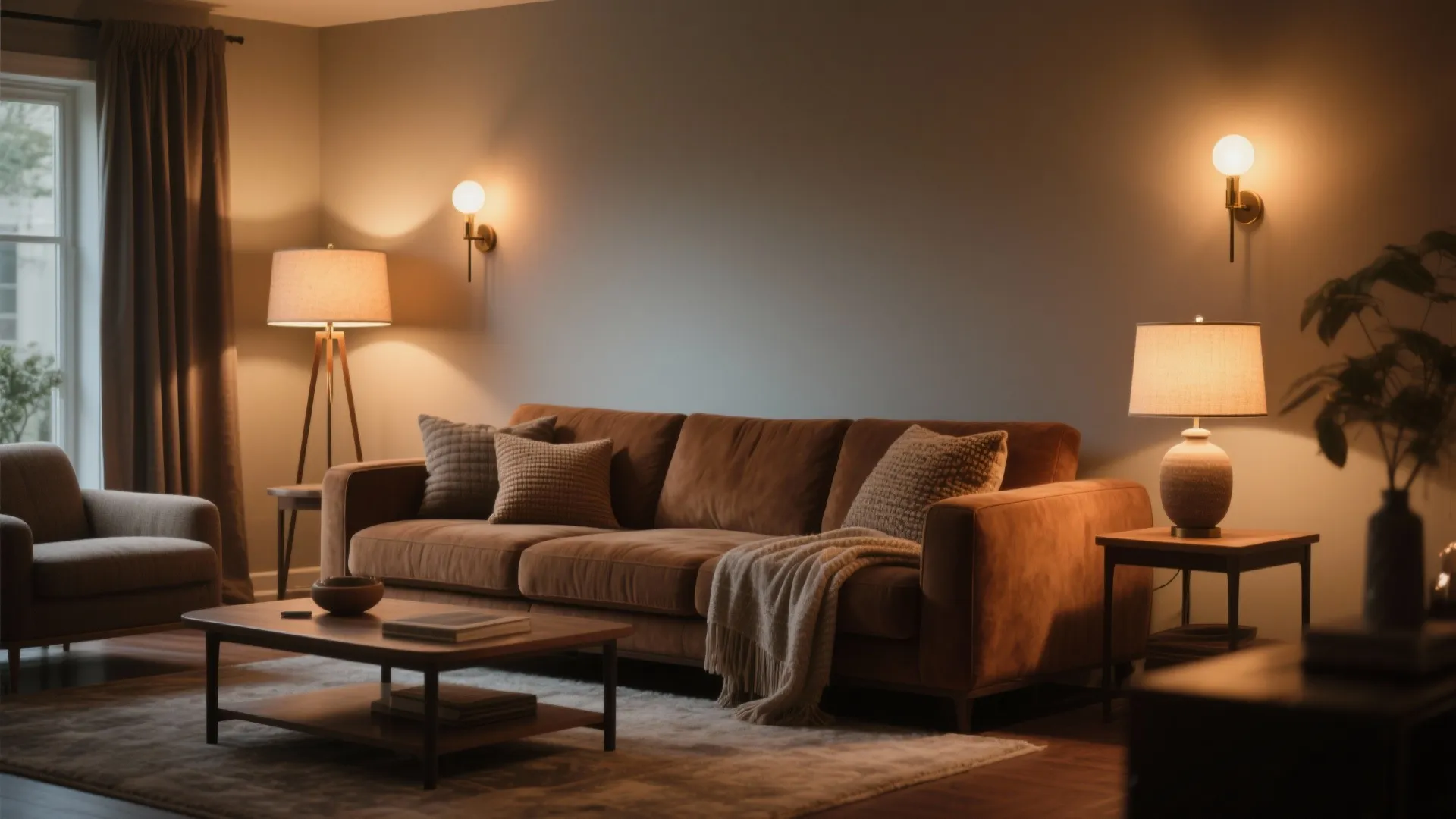Brown sofa lit by layered warm lighting sources