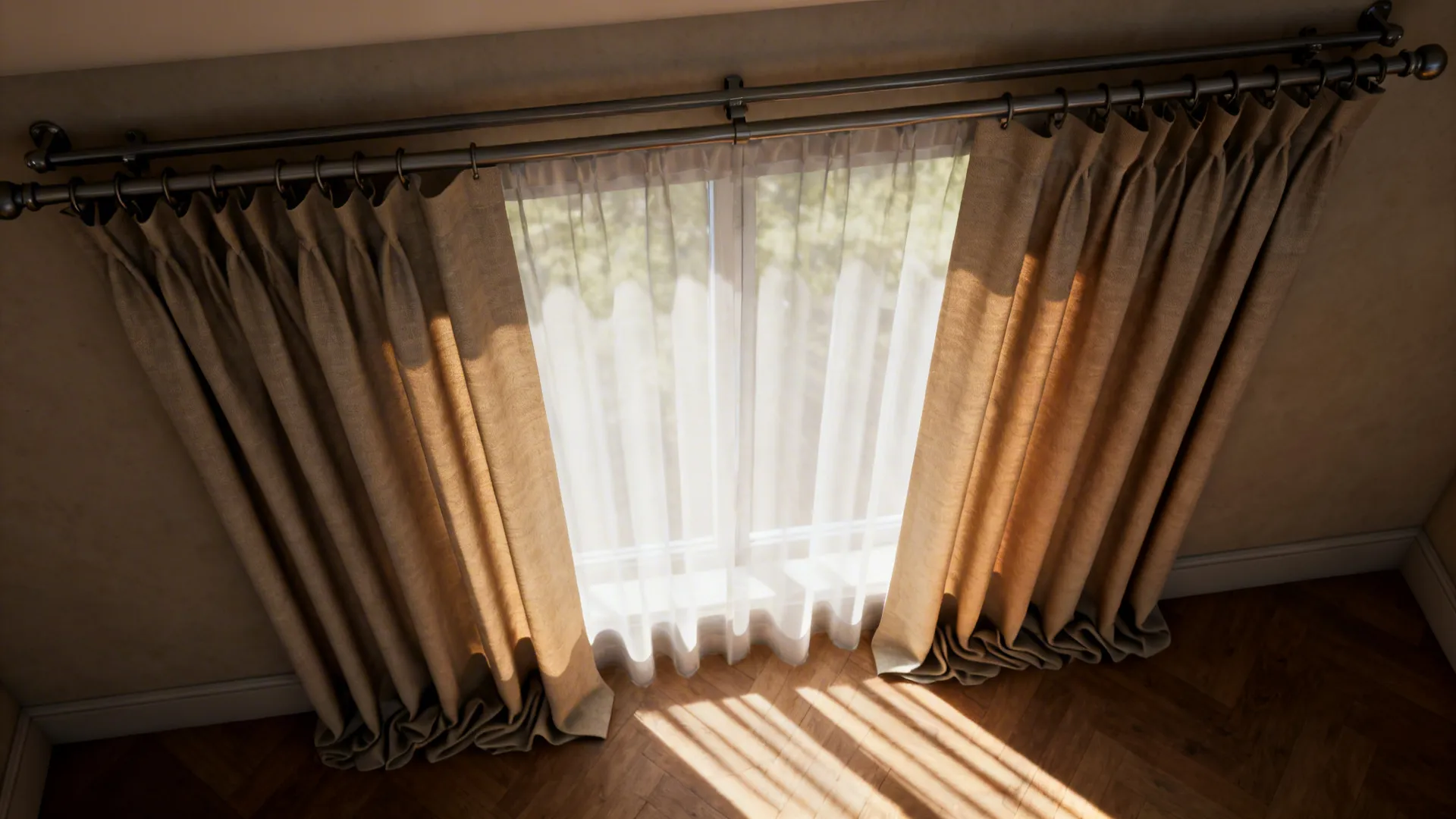 Sheer center panel with heavier side drapes on a double track, showing layered light control.