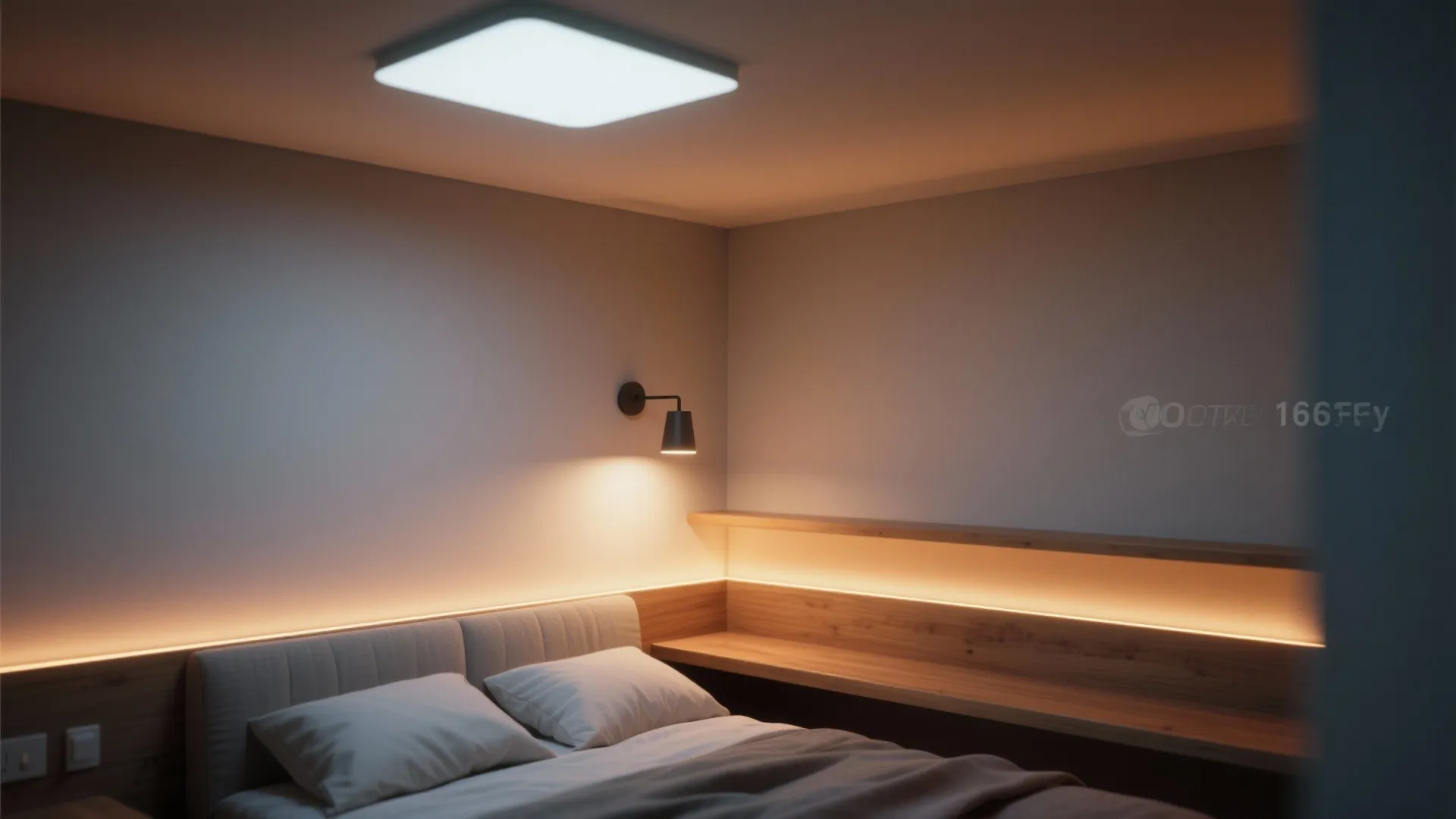 Close-up of a small bedroom corner with ceiling flush light, adjustable wall sconce and warm under-shelf LED strip.
