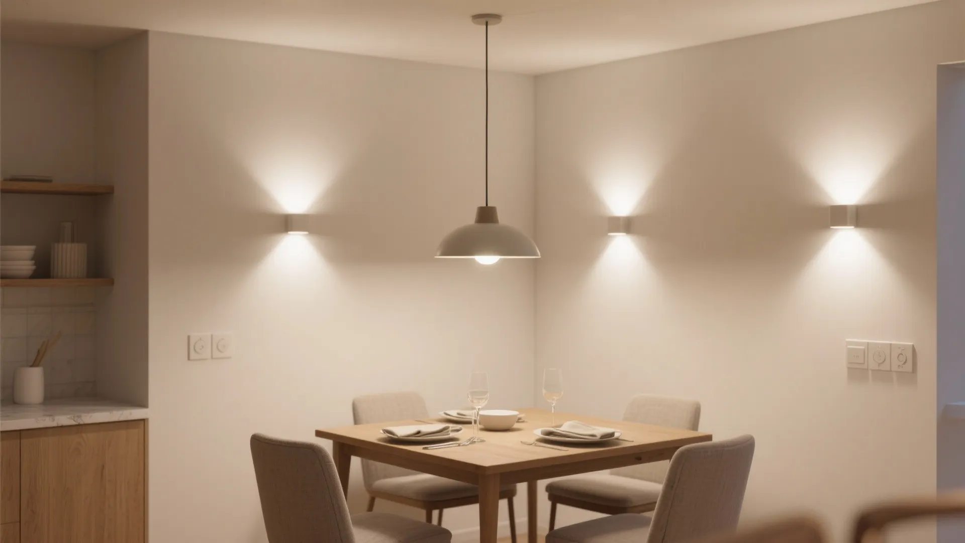 Layered dining room lighting with a pendant and subtle wall washers for balanced ambience.