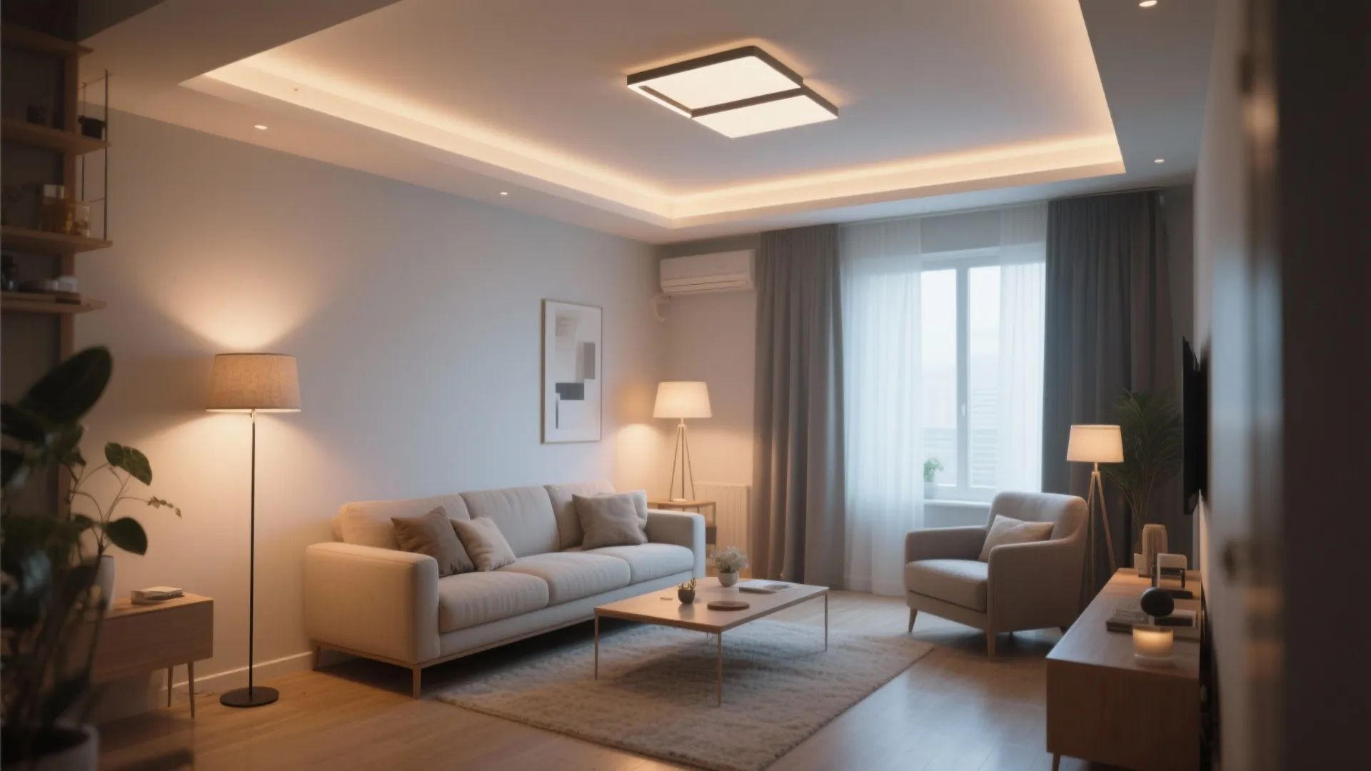 Warm living room with floor lamp beige sofa coffee table grey curtains and soft ceiling light