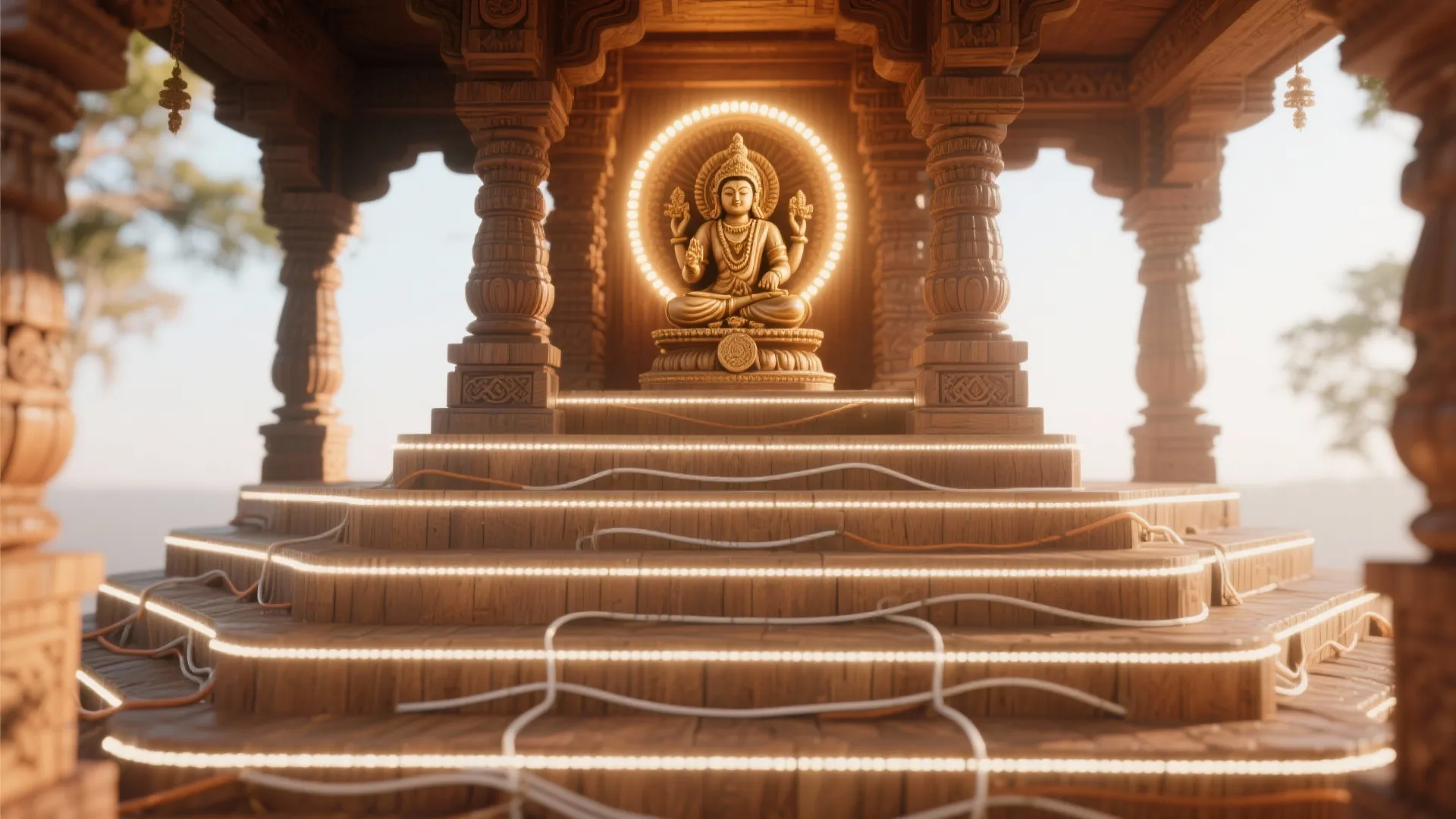 Wooden indoor shrine with golden statue and bright light strips on steps in warm light