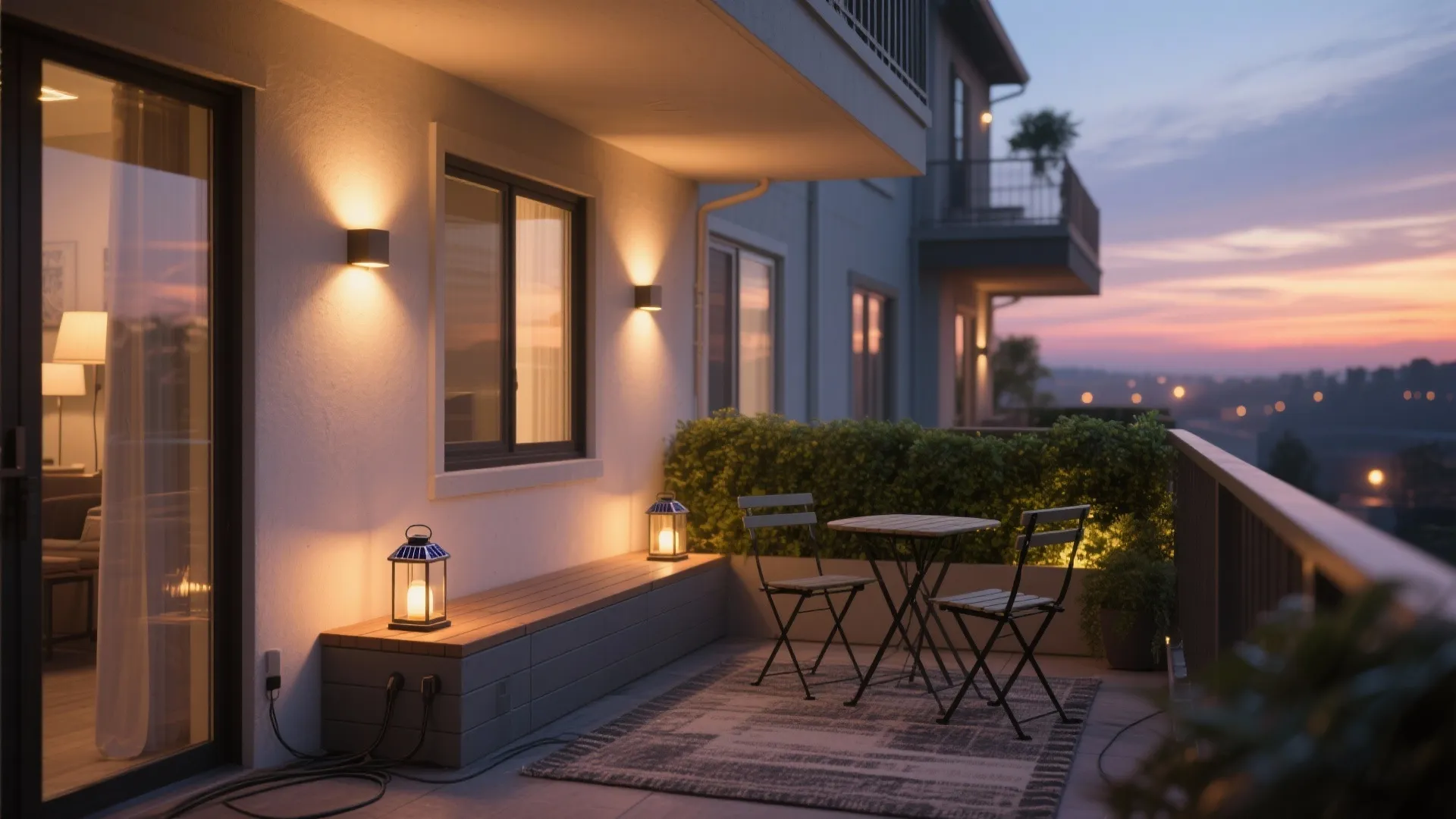 Modern apartment balcony at sunset with outdoor table chairs wall lights and cozy warm lanterns