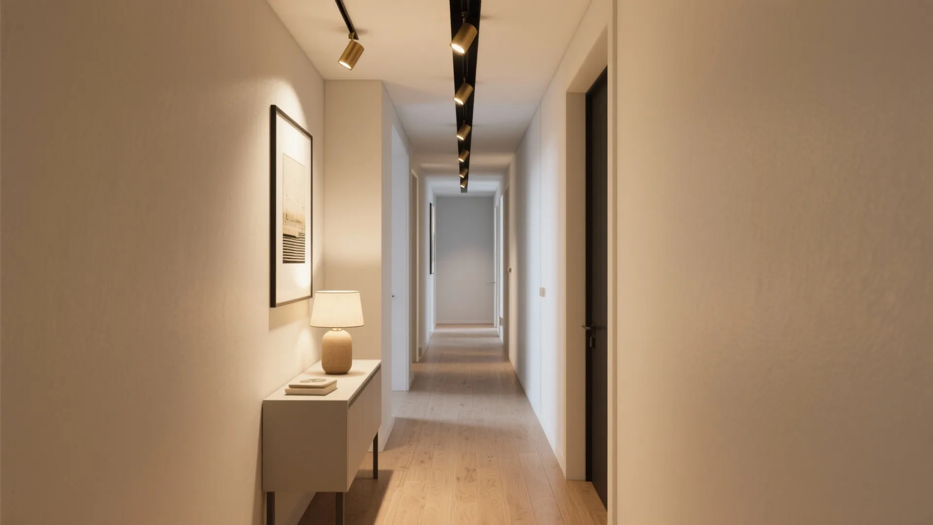 Modern narrow hallway with track ceiling lights a white cabinet table lamp and framed wall art