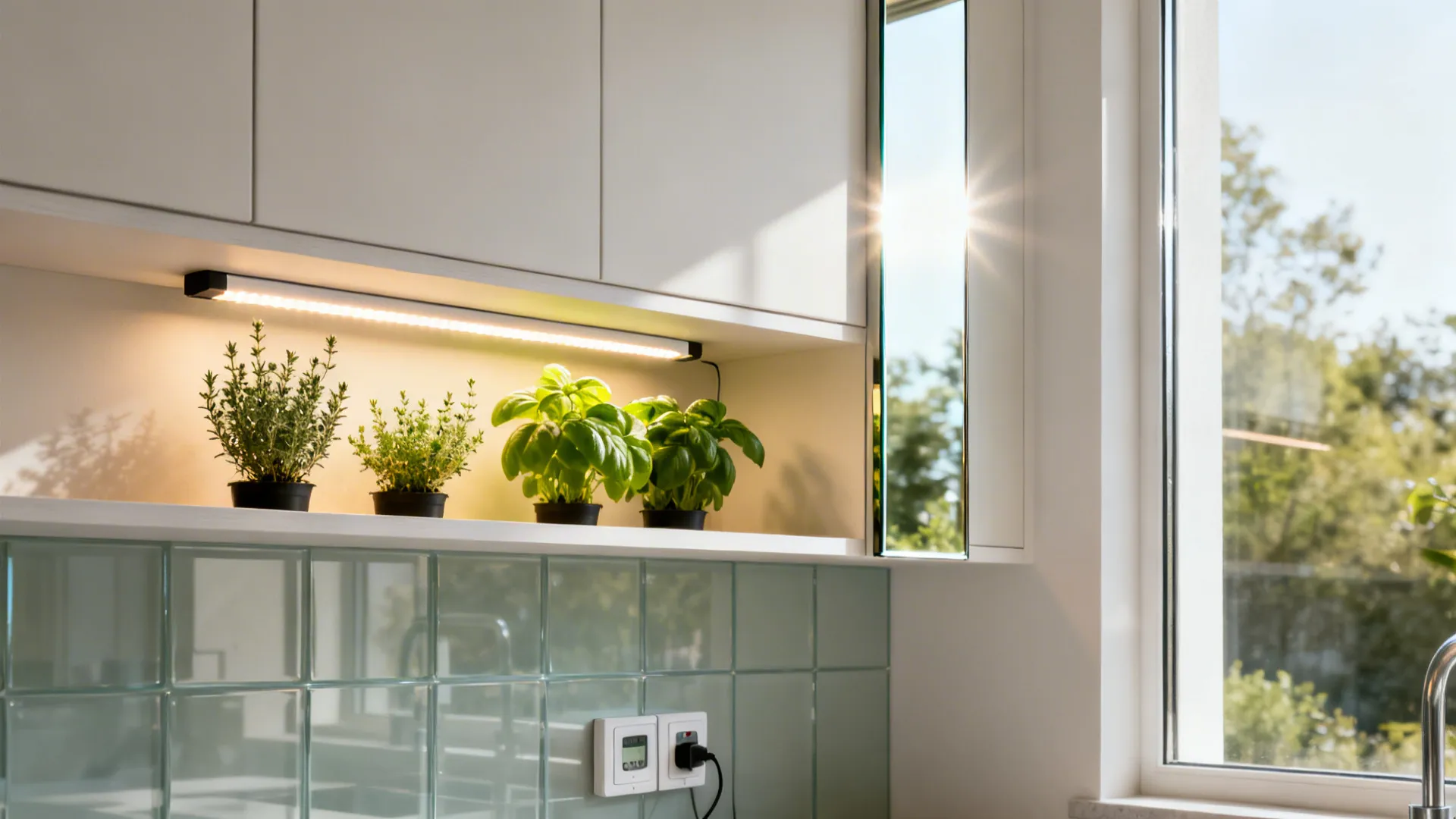 Kitchen with window light, mirror panel, and LED grow strip illuminating compact herbs.