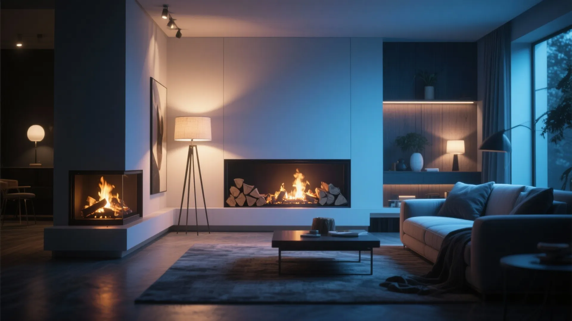 Layered lighting design around a log burner