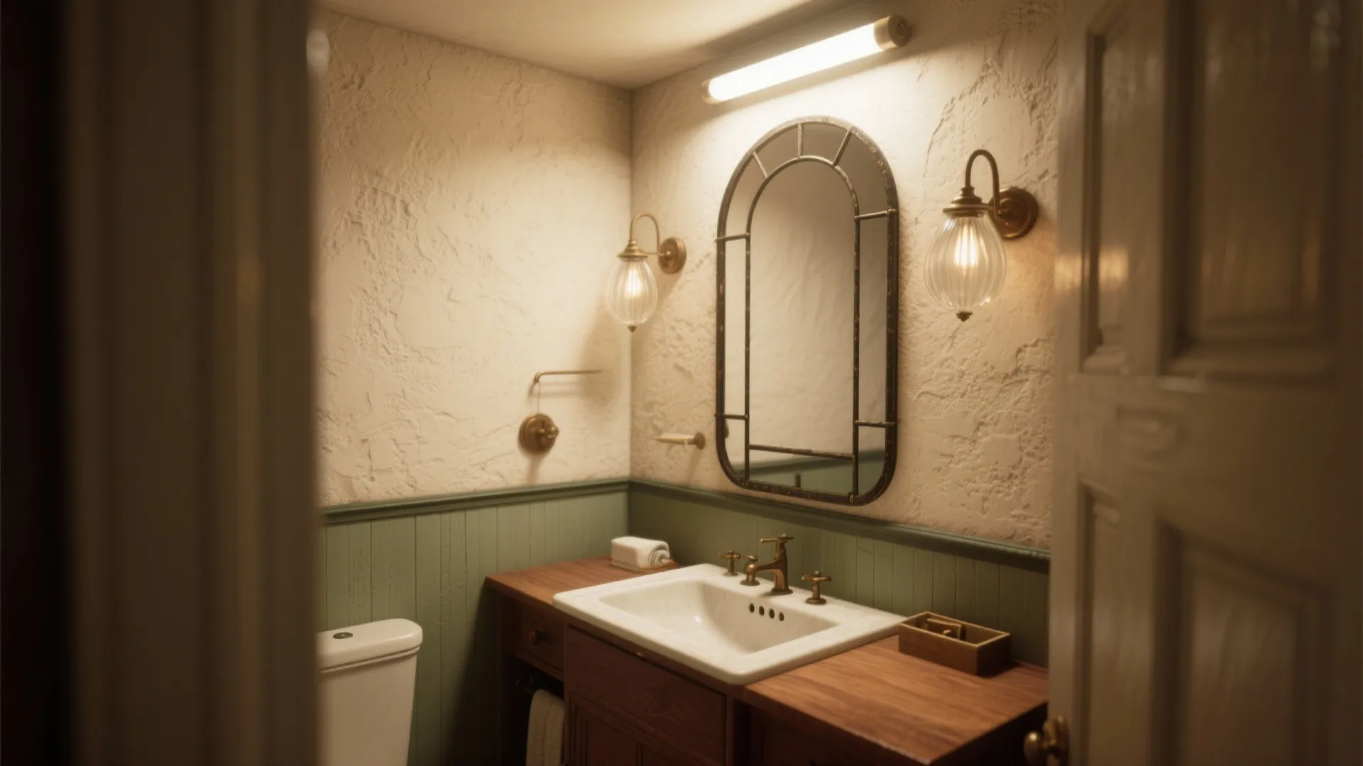 Traditional bathroom with arched wall mirror, wall lights, green wall panel, wooden cabinet, and sink