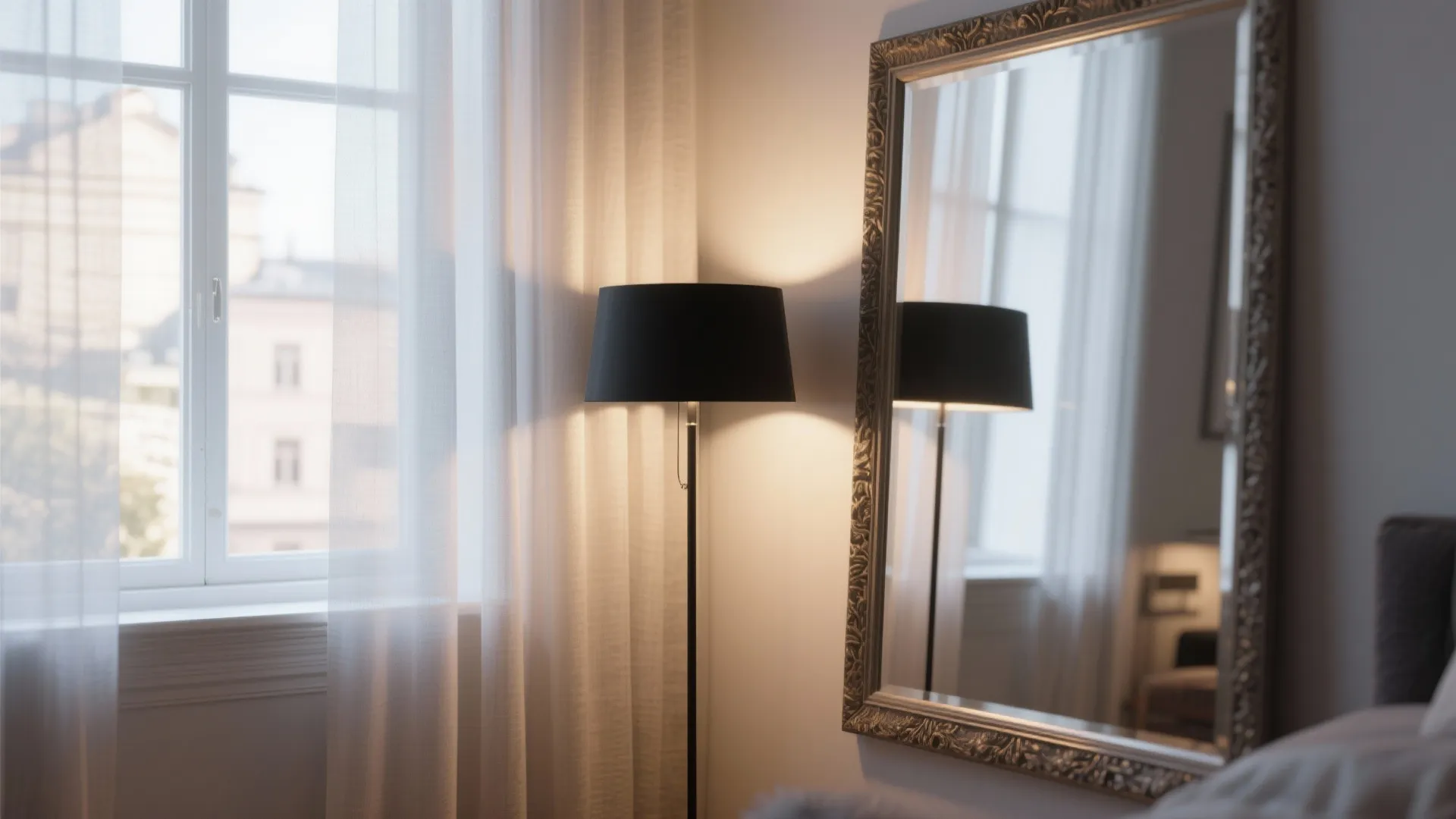 Modern bedroom corner with a black floor light fixture next to a large wall mirror