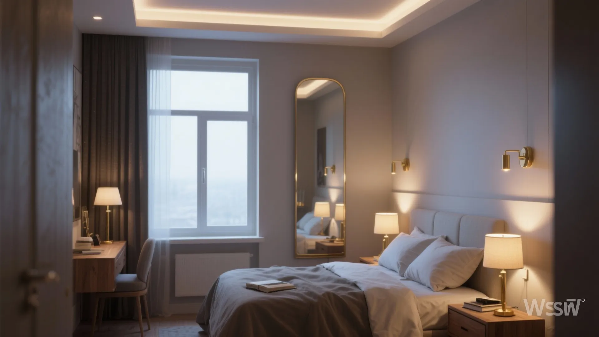 Bedroom with layered lighting and a tall mirror reflecting daylight to create added depth.