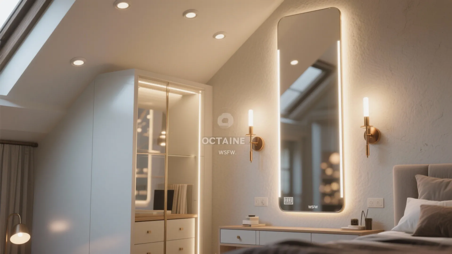 Modern bedroom with large lighted wall mirror glass cabinet two wall lights and bright ceiling lights