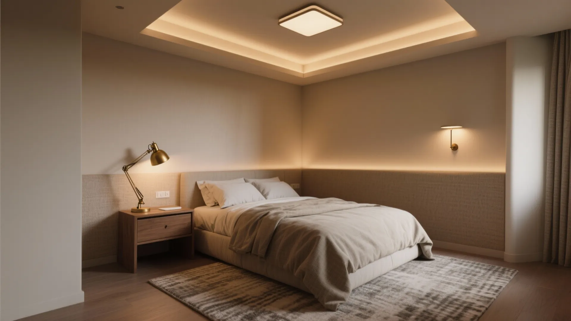 Cozy small bedroom nook showing ambient ceiling light, a bedside task lamp, and a warm wall sconce.