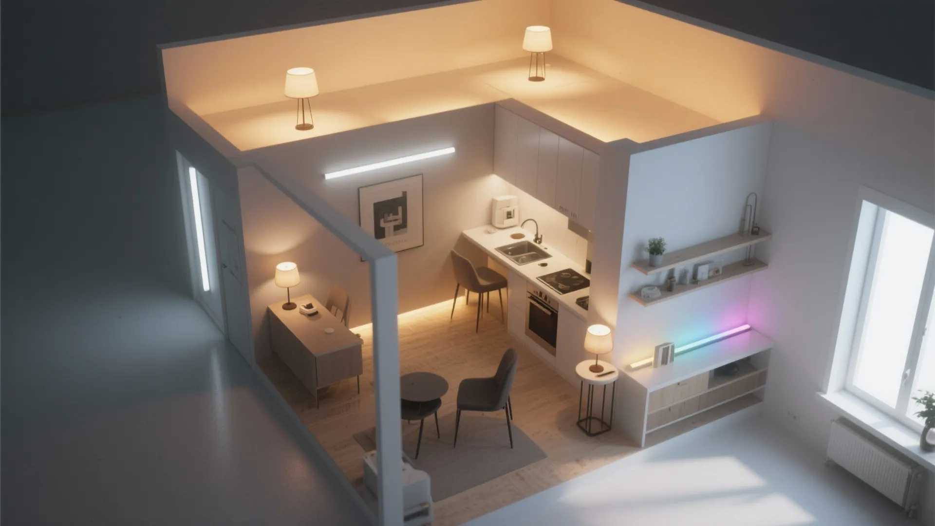 Modern open-plan apartment layout drawing with multiple warm table lamps and bright white light fixtures