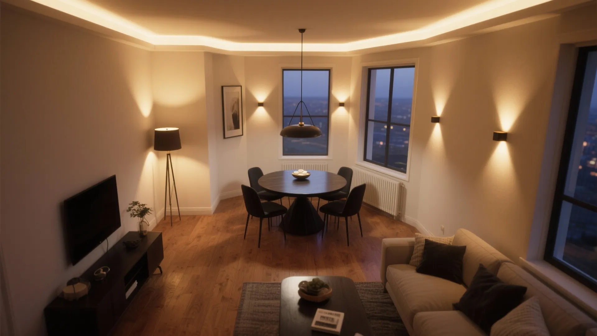 Living room with ceiling light strips wall lights floor lamp black dining table and sofa