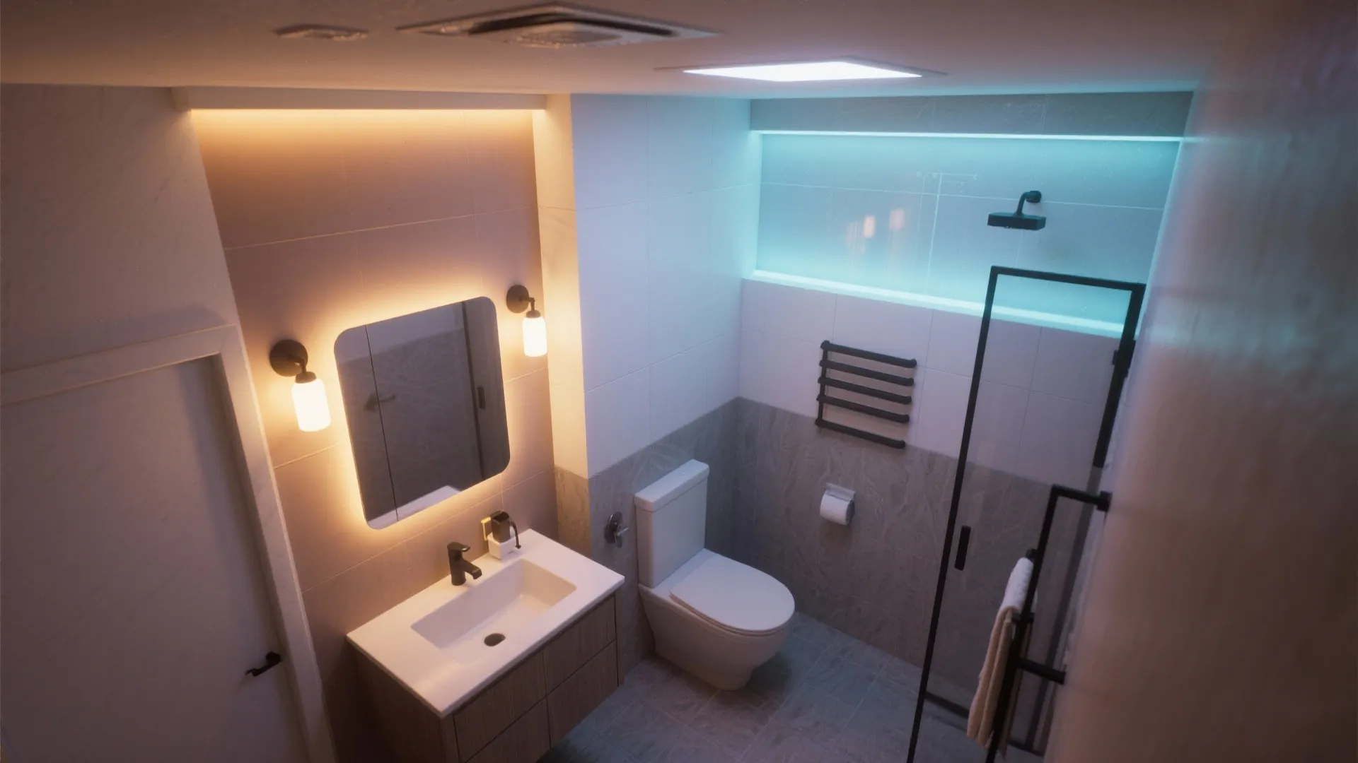 Modern bathroom interior design drawing with warm wall lights, white toilet, and blue shower light