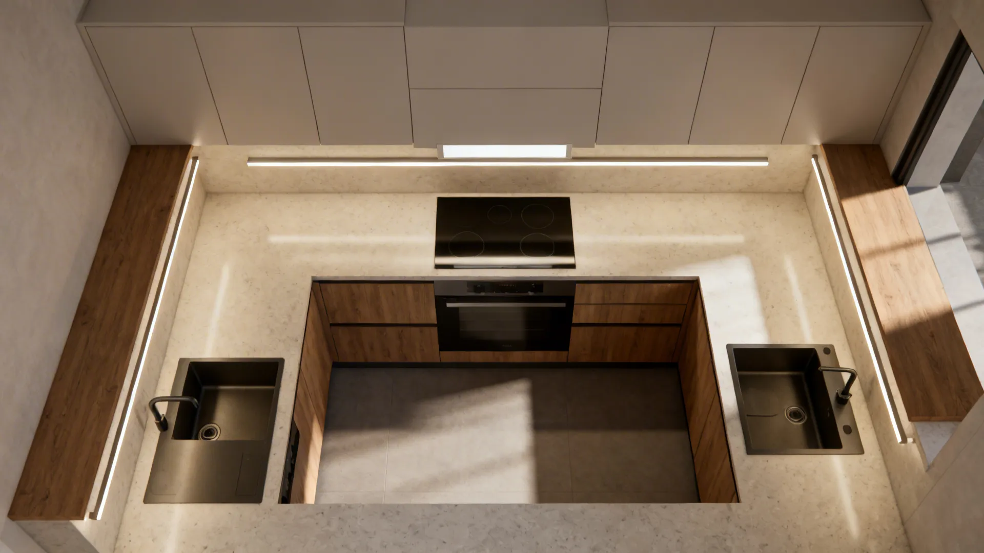 Top-down view showing a central LED flush mount and under-cabinet strips in an L-shaped kitchen.