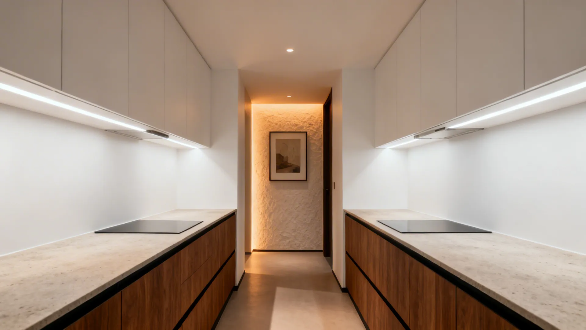 Small kitchen and hall showing ambient, task, and accent lighting layers with clean modern finishes.
