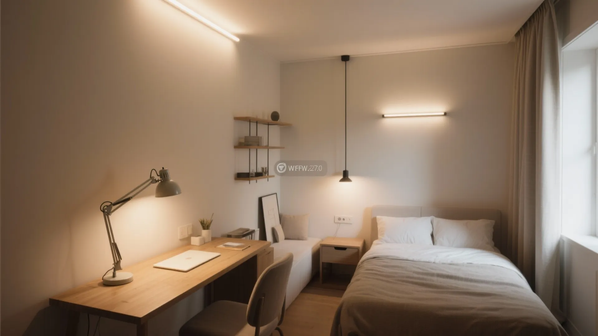 Small bedroom featuring warm light fixtures on walls a desk lamp and a hanging light