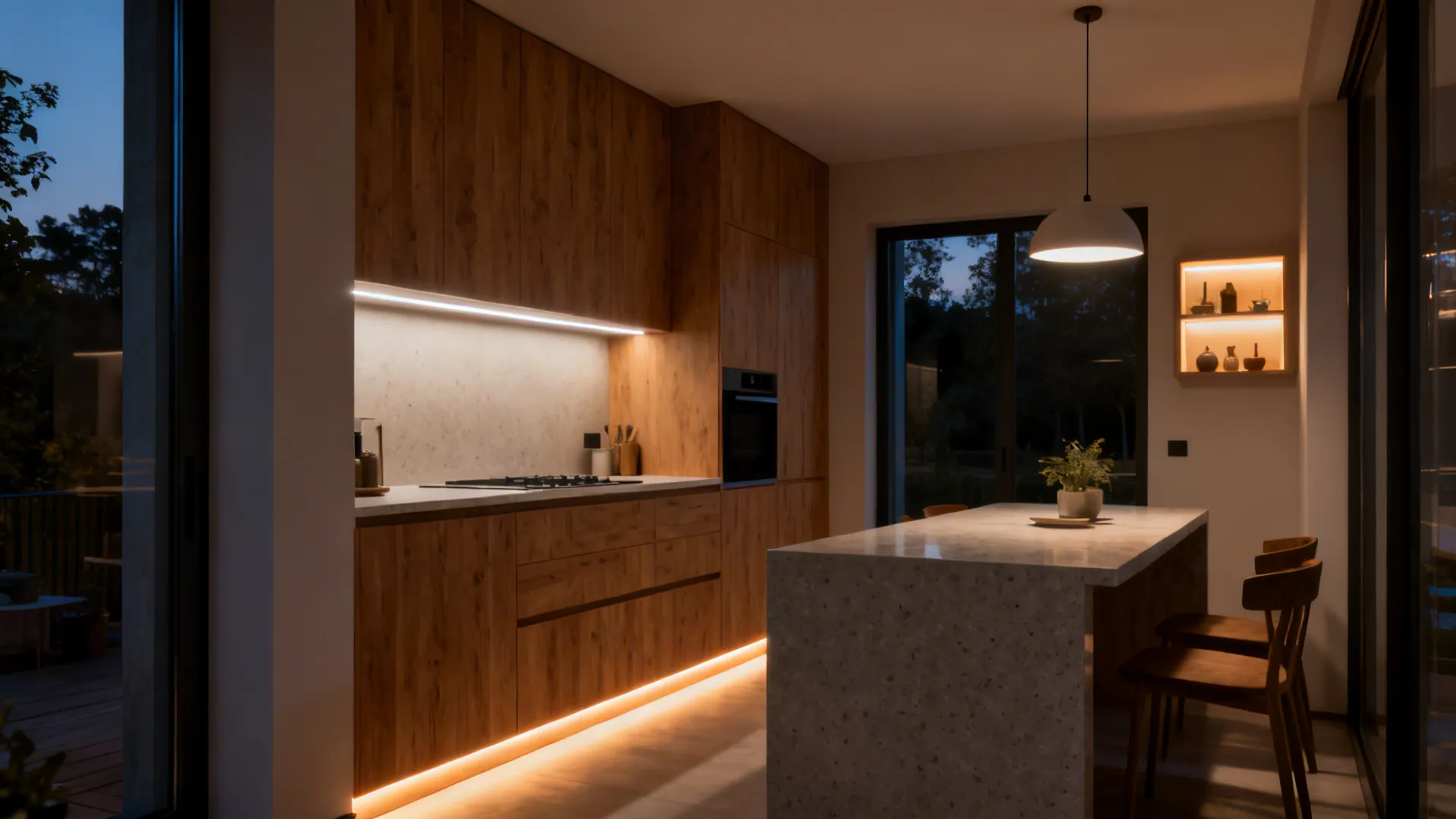Kitchen with wood cabinets marble island chairs warm strip lighting ceiling light and night windows