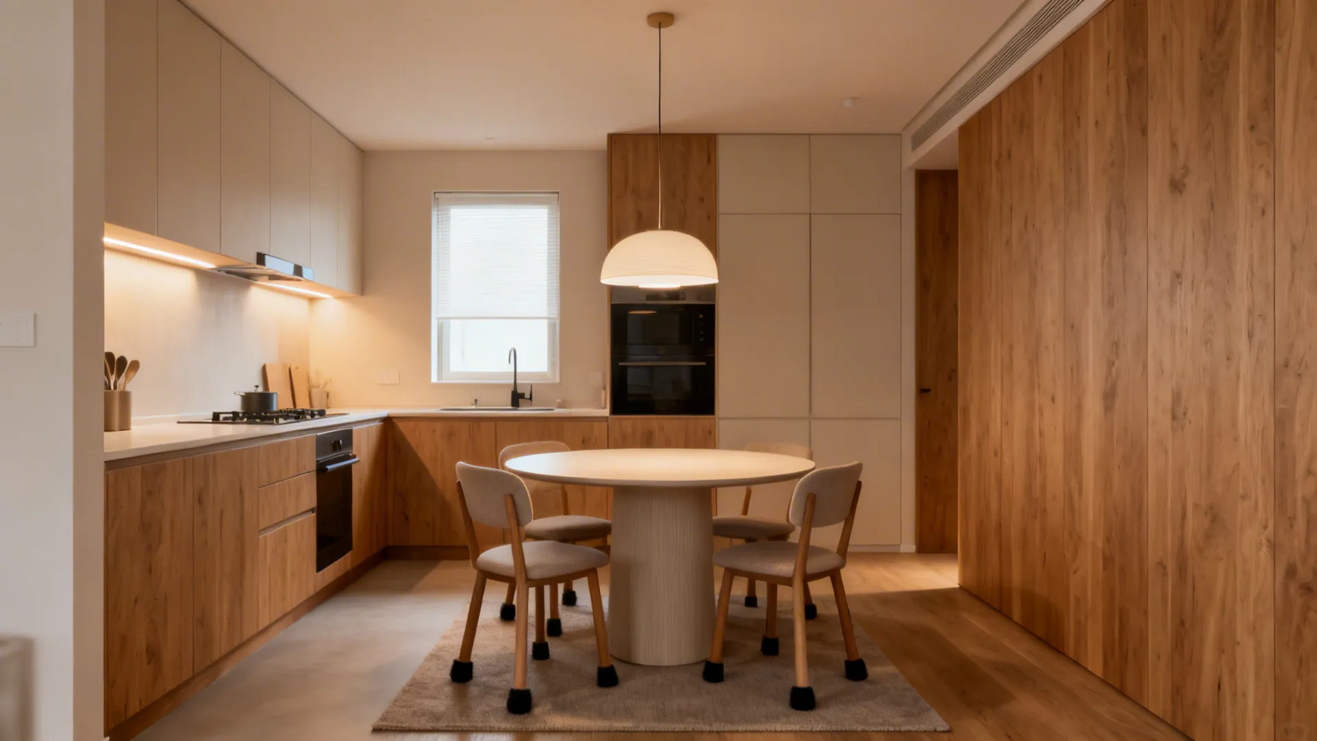 Layered lighting links the kitchen and dining areas, with a diffused pendant, task lights, and soft wall wash.
