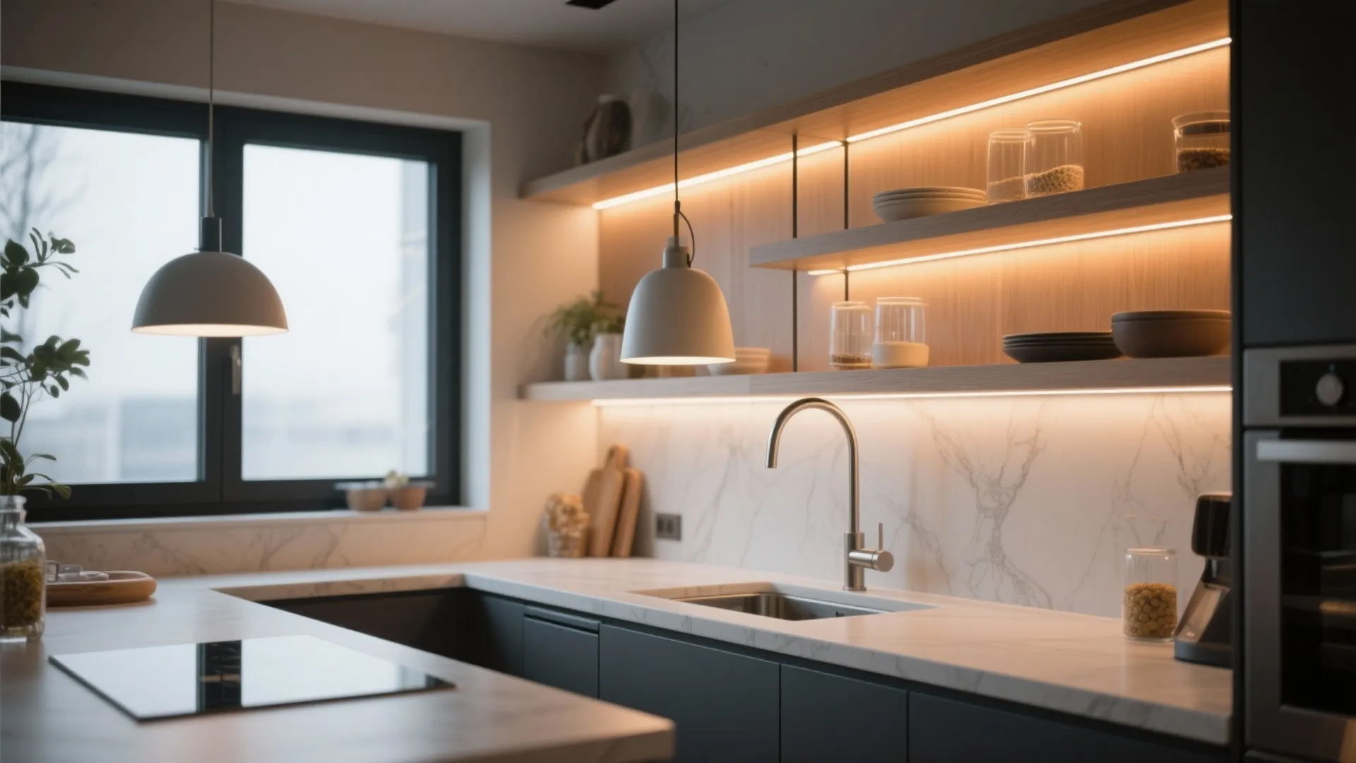 Modern dark kitchen featuring marble countertop, stainless sink, open wooden shelves with warm yellow lighting