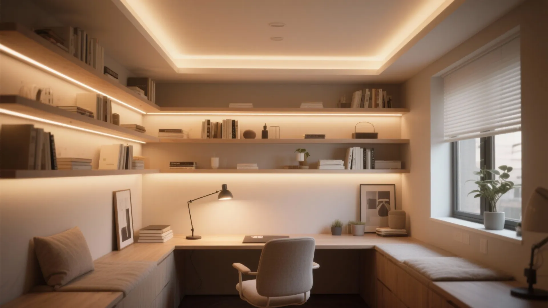 Modern home office with warm hidden ceiling lights wooden desk chair and many open shelves
