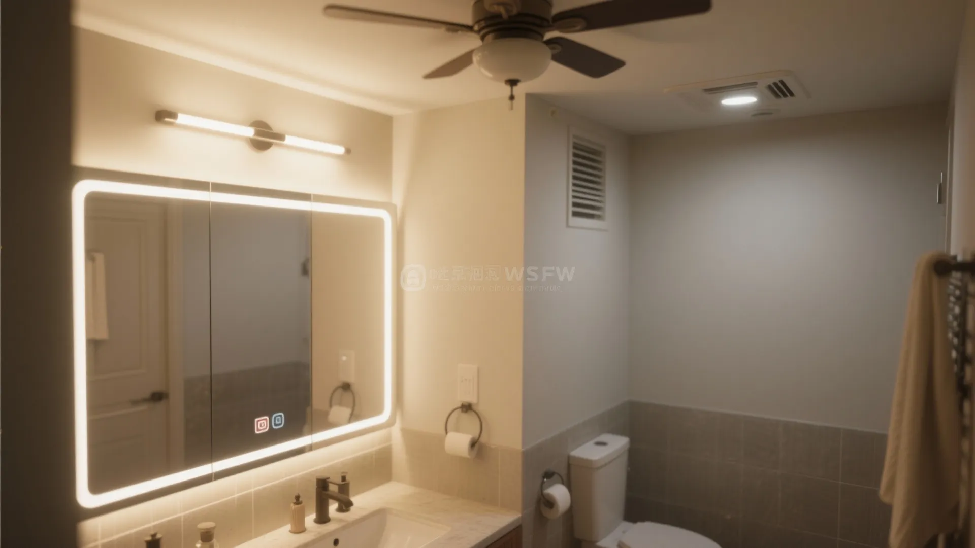 Small bathroom design with lighted mirror wall light ceiling fan white toilet and towel rack