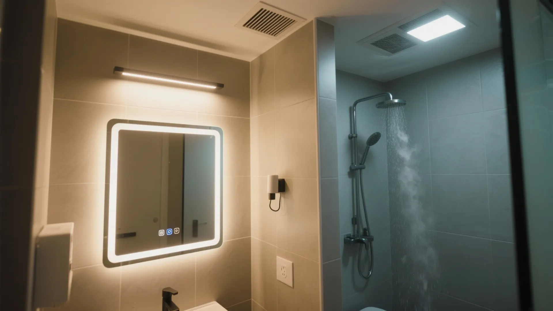 Small bathroom with backlit mirror, ambient ceiling light, wall sconce, and an exhaust fan.