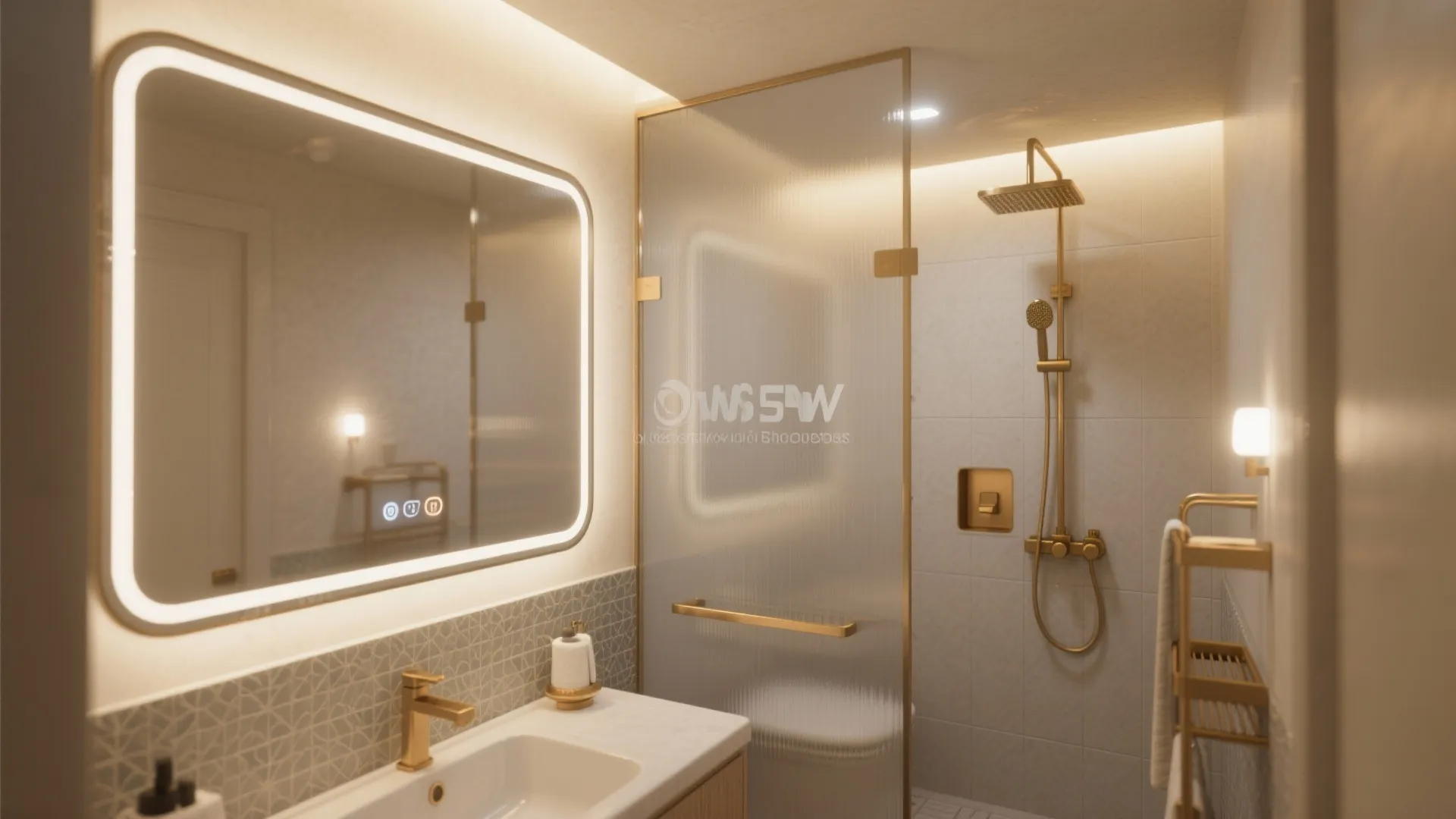 Modern bathroom with backlit mirror gold faucet glass shower door and white sink with cabinet