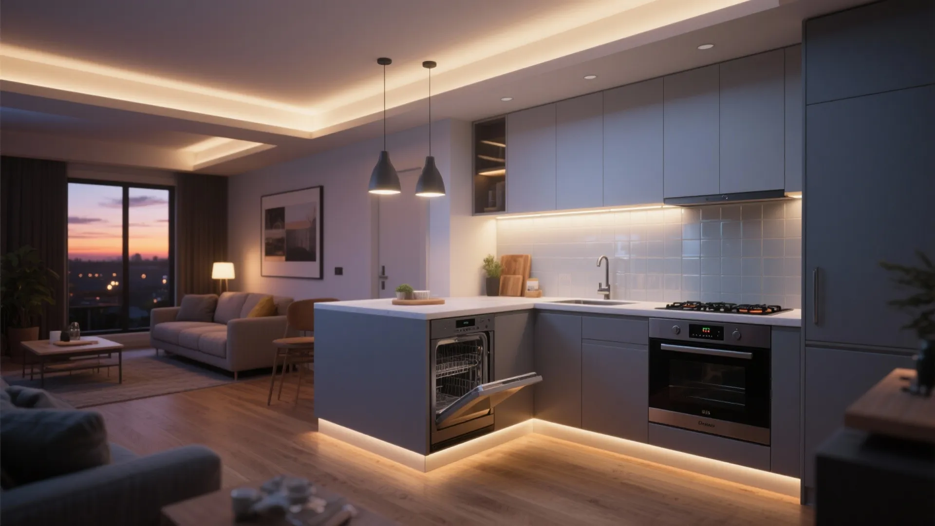 Layered lighting and compact appliance integration