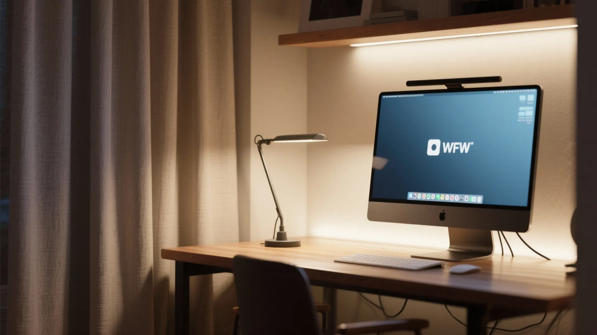 Home office desk with computer desk lamp shelf light fixture and curtains in warm evening light