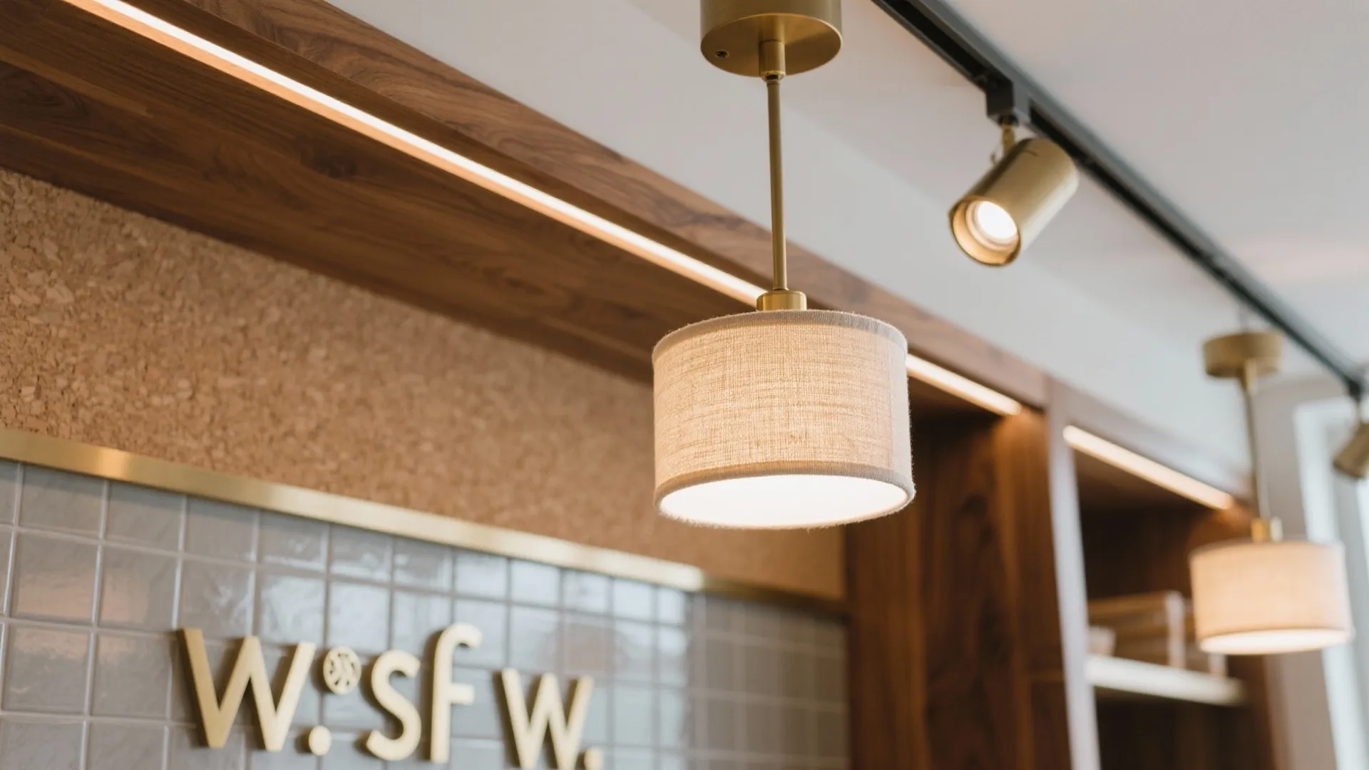 Close up view of ceiling lights with fabric shades hanging in a modern retail store