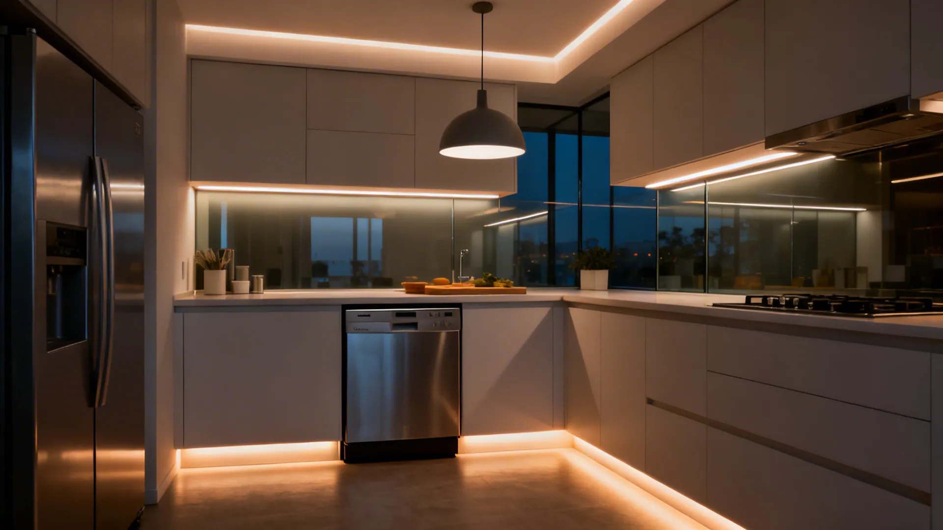 Small kitchen with ambient, under-cabinet, and toe-kick lighting plus compact appliances.